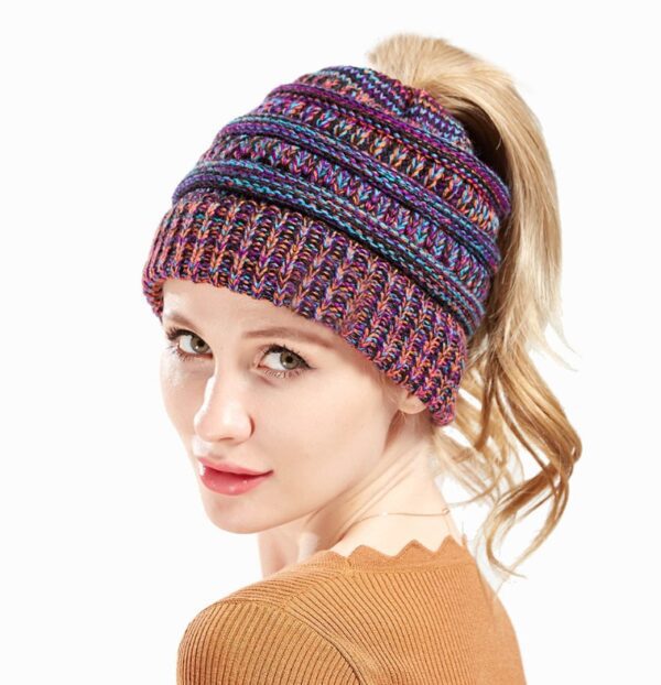 1437190380402 Mixed Color Knitted Hat Ladies Wool Non-labeled Unique Ponytail Hat