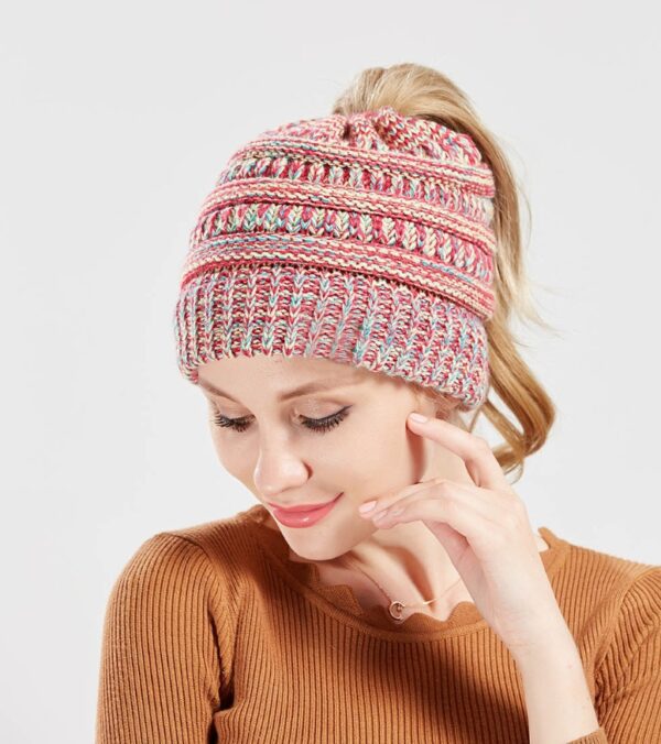 6129666330498 Mixed Color Knitted Hat Ladies Wool Non-labeled Unique Ponytail Hat