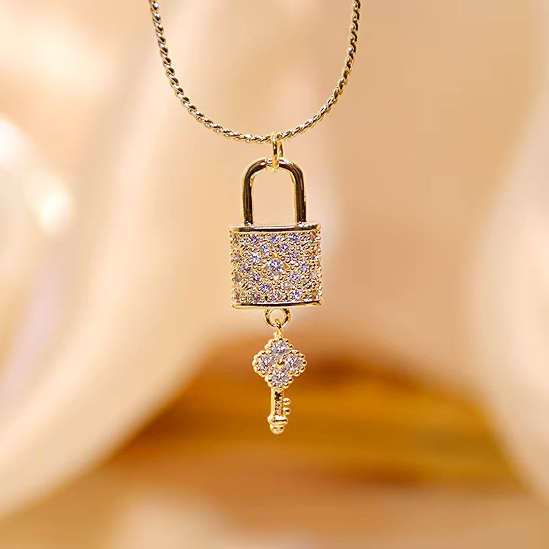 Inlaid CZ Lock and Key Necklace