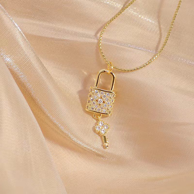 Inlaid CZ Lock and Key Necklace
