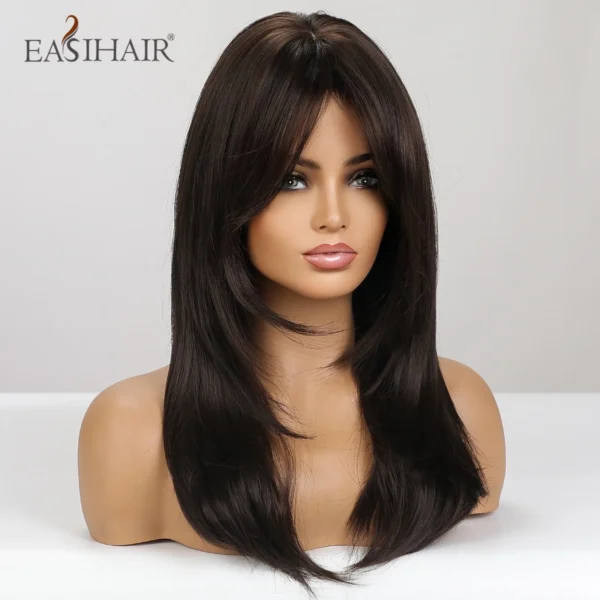 EASIHAIR Dark Brown Black Synthetic Wigs with Bangs Medium Straight Layered Hbcfad7b317364523974cdd210ee77d53g