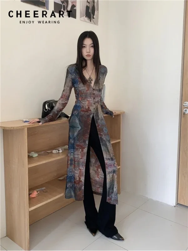 CHEERART Vintage Oil Painting Mesh X-Long Shirt For Women Cardigan Long S0302a1a1898d4efe8a617145c6e317ffn