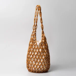 Women Woven Hand Bag Exquisite Design Hollow-out Wooden Bead Tote Bucket