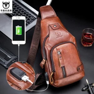 New 100% Cowhide Leather Casual Fashion Crossbody Chest Bag Men's Leather