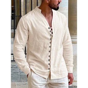 Men's Multi-buttons Shirts Cotton Linen Hawaiian Beach Shirt Long Sleeves Stand