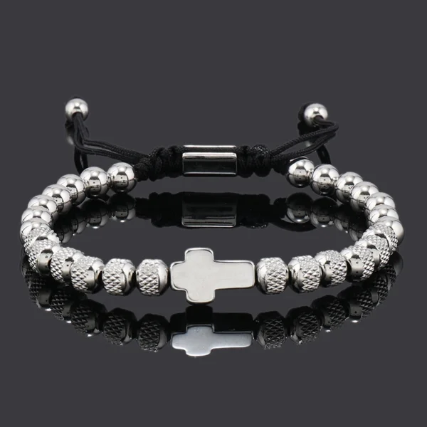 Titanium Steel Beaded Bracelet with Cross Charm S2a5255415d354174be6e37677add4b353