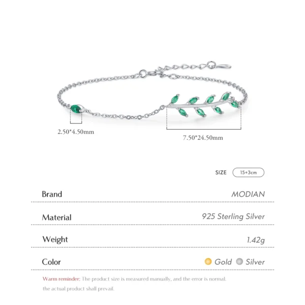 MODIAN silver-tone Silver Green Leaf Zirconia Adjustable Link Chain Bracelet S2c6a1b4ade0b4155a238d1169aa5dee6n