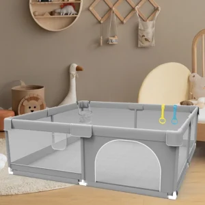 Light Gray Baby Playpen with Pull-Up Bar