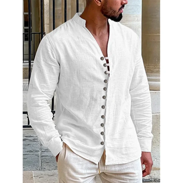 Men's Multi-buttons Shirts Cotton Linen Hawaiian Beach Shirt Long Sleeves Stand S323dd4f5f17040b6b9cc94b5808c23386