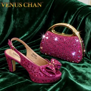 Elegant Italian Women’s Fuchsia Rhinestone Peep-Toe High Heel Sandals and Matching