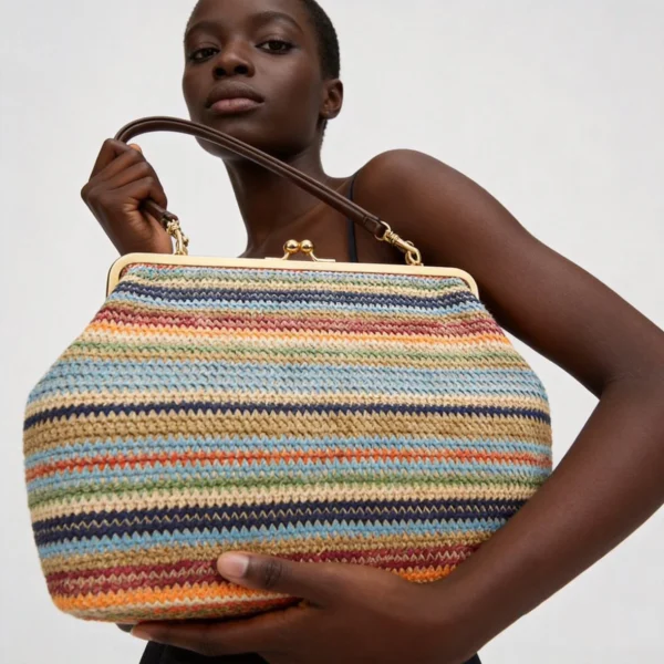 Fashion Large Striped Clip Shell Shoulder Bag for Women PP Straw S34cb0d6627674e9096070d9dd3b4ea64O