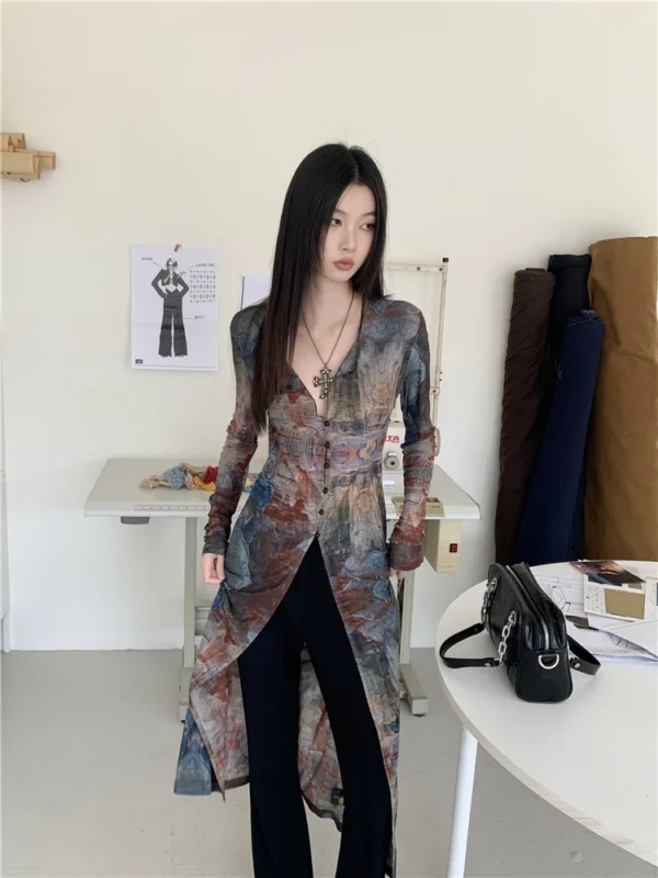 CHEERART Vintage Oil Painting Mesh X-Long Shirt For Women Cardigan Long S35883e9d3b9441b39890d6d3a87c6245r