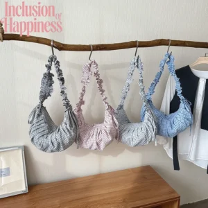 Korean Plaid Crossbody Bag Women Ruffle Strap Drawstring Crescent Shoulder Bag