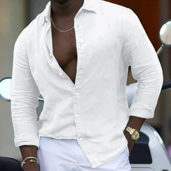 Fashion Solid Color Mens Shirt Cotton Linen Loose Buttoned Turn-down Collar S6583c9e31e3443b1adfd10eb904dee803