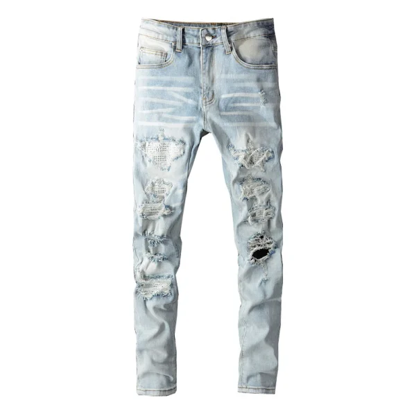 Men Crystal Holes Ripped Patchwork Jeans Streetwear Light Blue Denim Slim S663650374b7648a49ad1e732d4cfe437i