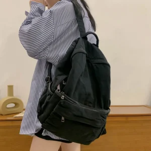 Simple Solid Color Canvas Backpack For Women College Student Vintage Laptop