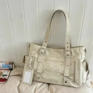 Hot Girl Vintage Studded Tote Bag Women Leather Textured Large Capacity
