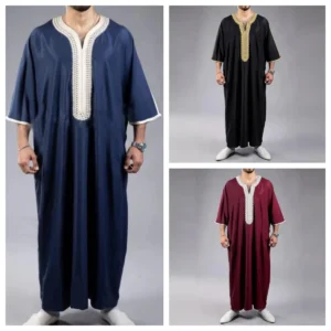 Summer Kaftan Muslim Men's Short Sleeve Embroidered Loose Casual Robe Breathable