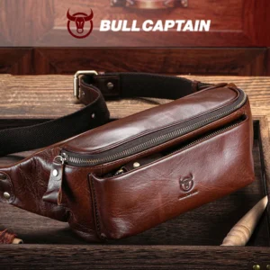 BULLCAPTAIN Men's Genuine Leather Waist Bag Casual Retro Mountaineering Bag Multifunctiona