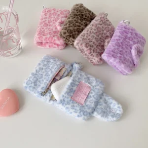 Girl Plush Leopard Pattern Card Bag Zipper Coin Purse High Beauty