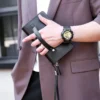 Men's faux leather Long Clutch Purse, Double Zipper