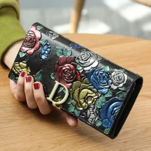 New Genuine Leather Purse Wallet Female 3D Embossing Ladies Personality Retro