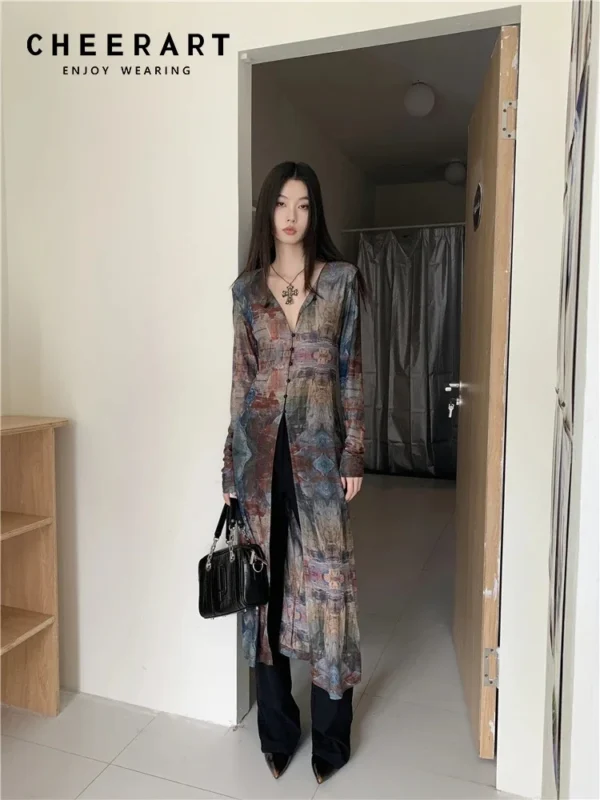CHEERART Vintage Oil Painting Mesh X-Long Shirt For Women Cardigan Long Sb9a4bdc4e04e49749b55893e52d5634cY