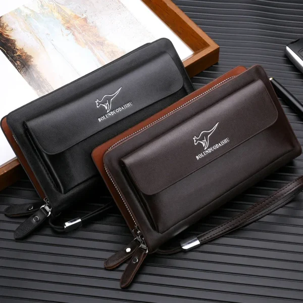 Men's faux leather Long Clutch Purse, Double Zipper