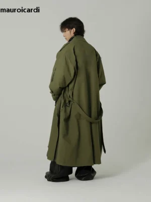 Men's Oversized Army Green Overcoat with Sash