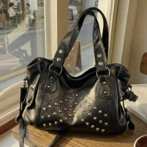 Rivet Punk Large Capacity Handbags Top Quality Sturdy Soft Leather Casual