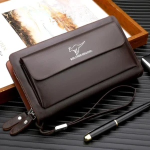 Men's faux leather Long Clutch Purse, Double Zipper