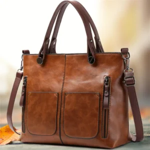 Europe America Retro Leather Handbag Shoulder Bag, Two Pocket Zipper Tote