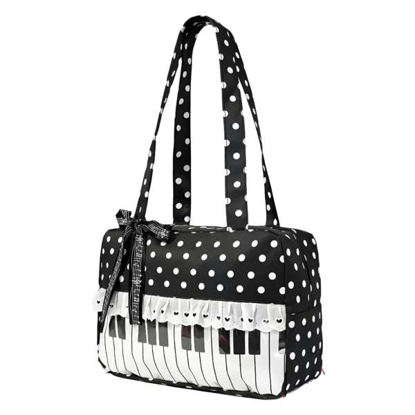 Polka Dot Piano Key Lace Ribbon Shoulder Bag,Contrast Color Patchwork Large Scc65699ebf2c4a6ab381247910e436bc9