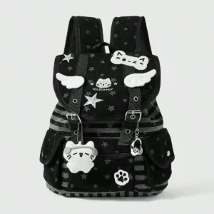 Punk Academy Black Backpack with Cat and Star Decor
