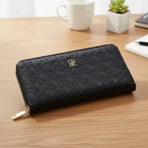 CH Elegant Embossed Zipper Wallet Brand Gold Micro Logo Multi-Card Slots