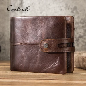CONTACT'S Casual Men Wallets Crazy Horse Leather Short Coin Purse Hasp
