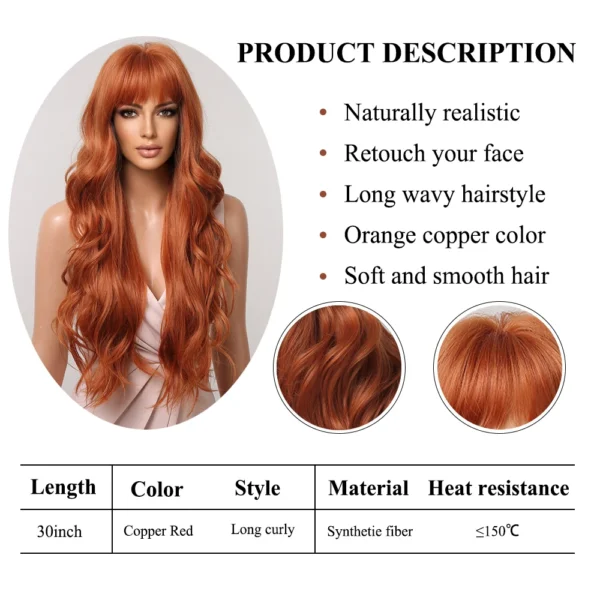 Orange Copper Ginger Long Wavy Synthetic Wigs Red Yellow Wig with Sf7131b9c830e46ac98894c3cd0f1ce2ej