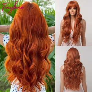 Orange Copper Ginger Long Wavy Synthetic Wigs Red Yellow Wig with