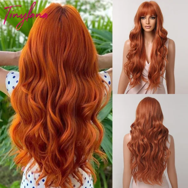 Orange Copper Ginger Long Wavy Synthetic Wigs Red Yellow Wig with Sf87c72246fd34a9a97694f8f38bca753D