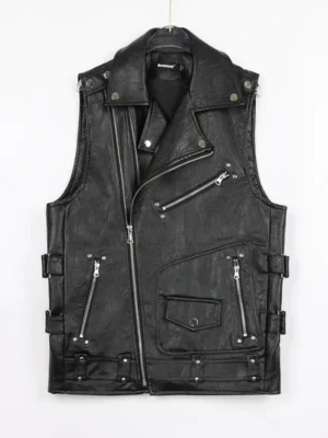 Men's Black Motorcycle Faux Leather Vest, Zipper Pockets