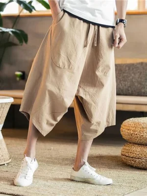 Summer Thin Beach Cotton Linen Casual Shorts Men Japenese Wide Leg